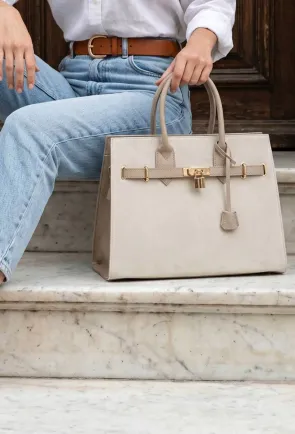 Geanta dama bej cu taupe din piele cu accesoriu lacat