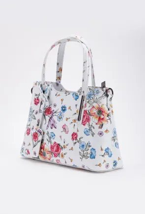 Geanta dama din piele naturala alba cu detalii florale
