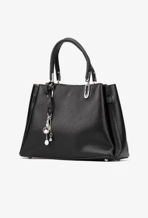 Geanta dama din piele texturata neagra cu ornament