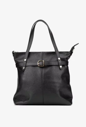Geanta dama din piele texturata neagra cu ornamente aurii