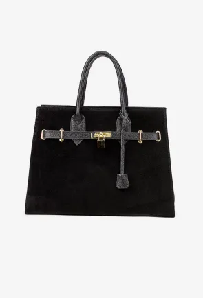 Geanta dama neagra din piele cu accesoriu lacat
