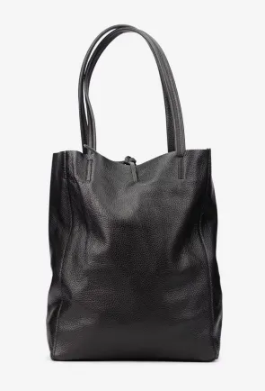 Geanta dama shopper din piele texturata neagra
