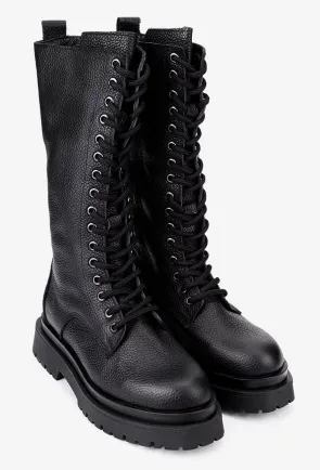 Ghete dama inalte negre din piele cu siret si fermoar
