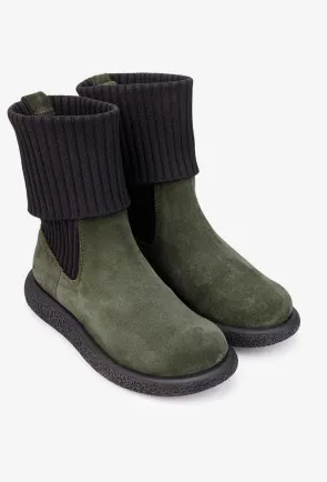 Ghete dama kaki din piele intoarsa cu material textil negru