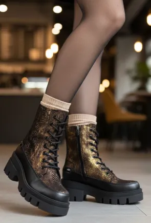 Ghete dama negre cu auriu din piele model snake print