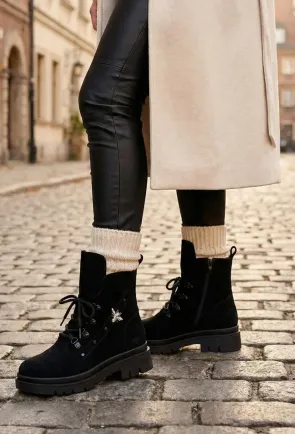 Ghete dama negre din piele intoarsa cu ornament
