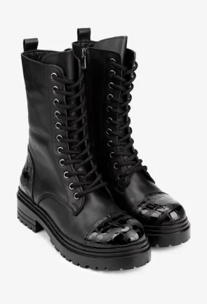 Ghete dama negre din piele naturala cu insertii negre lucioase