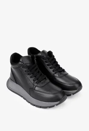 Ghete dama negre din piele naturala cu siret si fermoar lateral