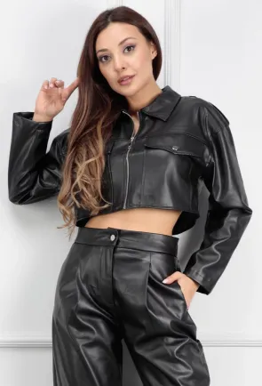 Jacheta scurta din piele ecologica neagra
