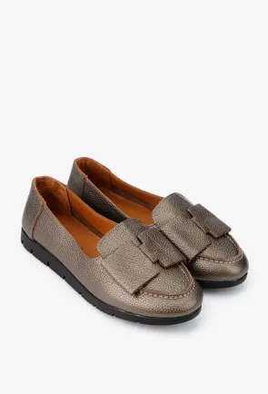 Mocasini dama bronz din piele cu funda