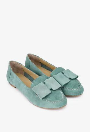 Mocasini dama din piele intoarsa verde menta cu funda