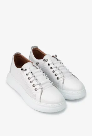 Pantofi dama albi din piele naturala cu siret elastic