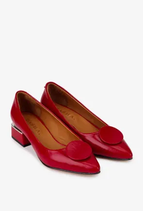 Pantofi dama din piele lacuita rosie cu ornament