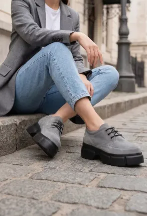 Pantofi dama gri din piele intoarsa cu siret