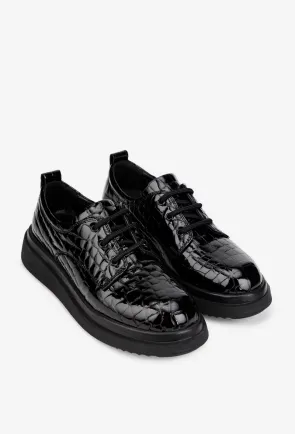 Pantofi dama negri din piele lacuita croco