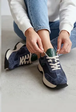 Pantofi dama NUR bleumarin cu verde din piele