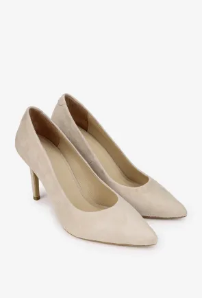 Pantofi dama NUR din piele intoarsa bej cu toc subtire