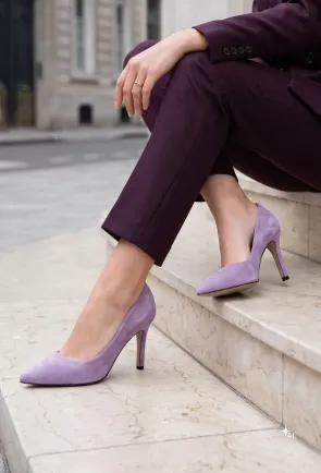 Pantofi dama NUR din piele intoarsa mov cu toc subtire