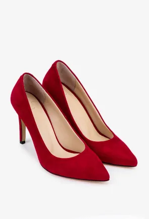 Pantofi dama NUR din piele intoarsa rosie cu toc subtire