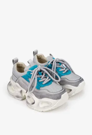 Pantofi dama NUR gri cu bleu din piele intoarsa si material textil