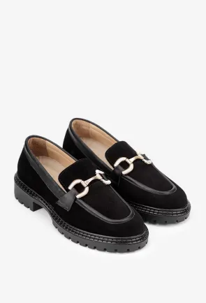 Pantofi dama NUR negri din piele intoarsa cu ornament