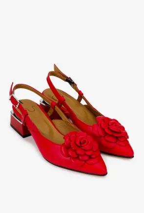 Pantofi dama NUR rosii din piele naturala cu floare