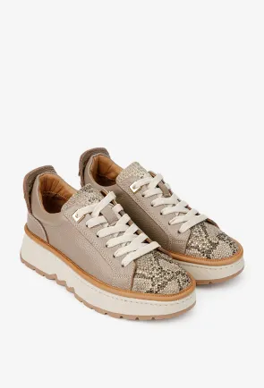 Pantofi dama taupe din piele cu imprimeu si ornament