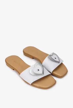 Sandale dama albe din piele naturala cu ornament model stil papuc