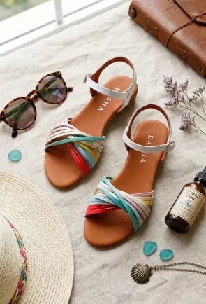 Sandale dama din piele naturala alba cu barete multicolore