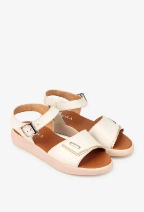 Sandale dama din piele naturala bej cu insertie aurie