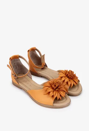 Sandale dama din piele portocalie cu detaliu floare