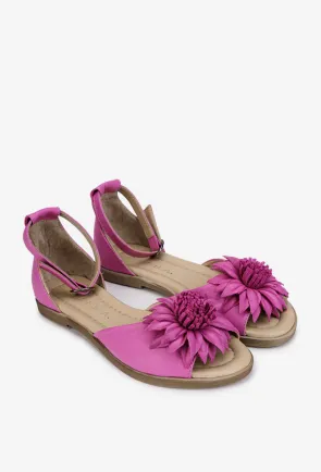 Sandale dama din piele roz cu detaliu floare