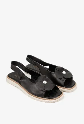 Sandale dama negre din piele naturala cu floare