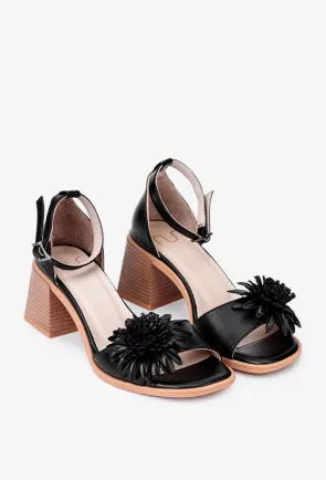 Sandale dama negre NUR din piele cu ornament floare