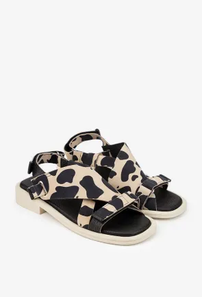 Sandale dama NUR bej cu negru din piele intoarsa animal print