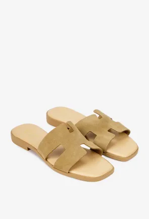 Sandale dama tip papuc din piele intoarsa taupe
