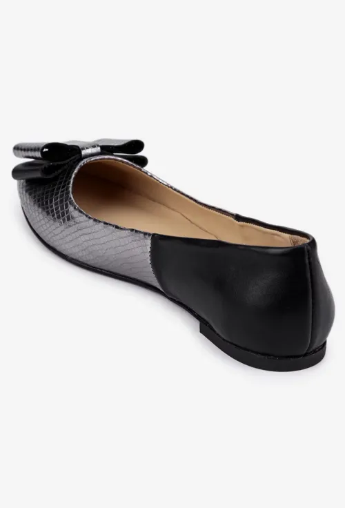 Balerini dama argintii cu negru din piele cu ornament funda picture - 4