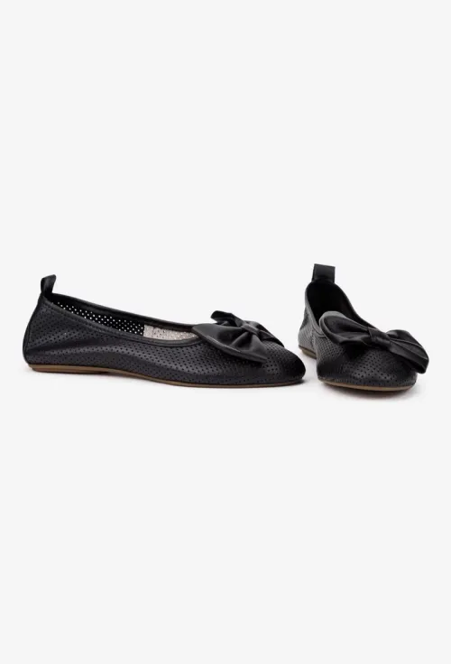 Balerini dama negre din piele perforata cu funda picture - 6