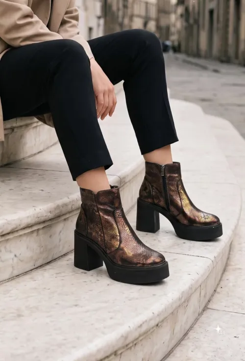 Botine dama deosebite din piele cu model snake print picture - 2