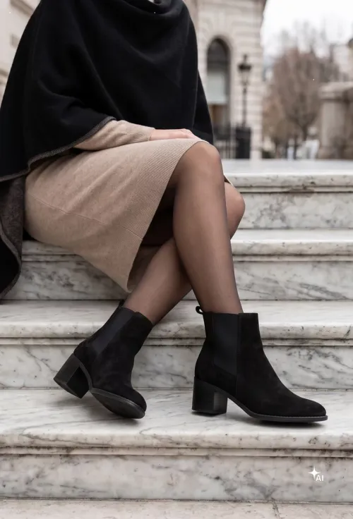 Botine dama negre din piele intoarsa cu elastic picture - 2