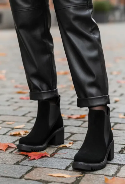 Botine dama negre din piele intoarsa cu elastic in laterale picture - 5