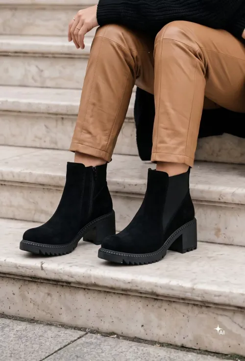 Botine dama negre din piele intoarsa cu elastic in laterale picture - 2