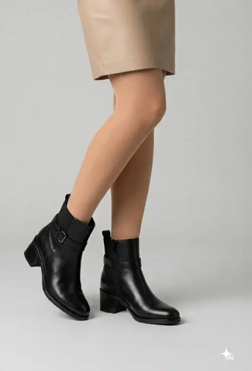 Botine dama negre din piele naturala cu fermoar si elastic picture - 2