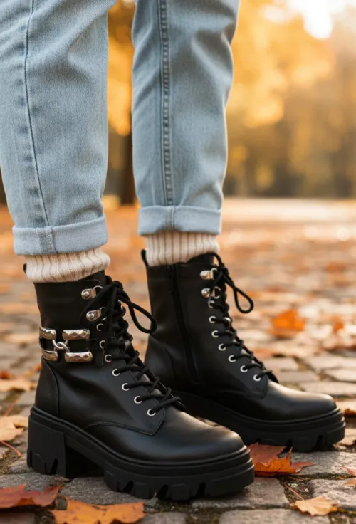 Botine dama negre din piele naturala cu ornament picture - 2