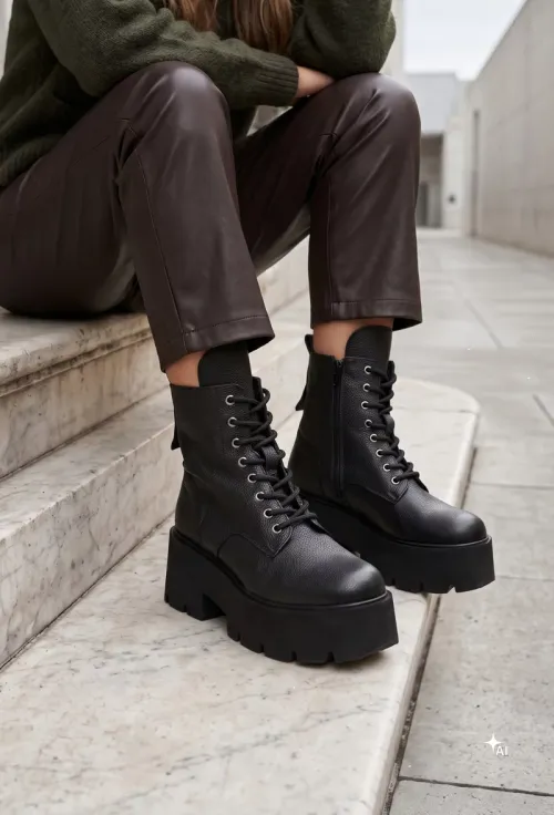 Botine dama negre din piele texturata cu platforma picture - 2