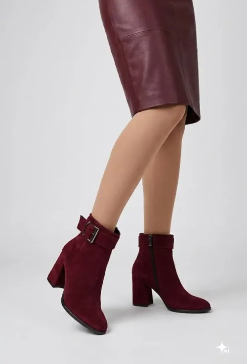 Botine dama NUR burgundy din piele intoarsa picture - 2