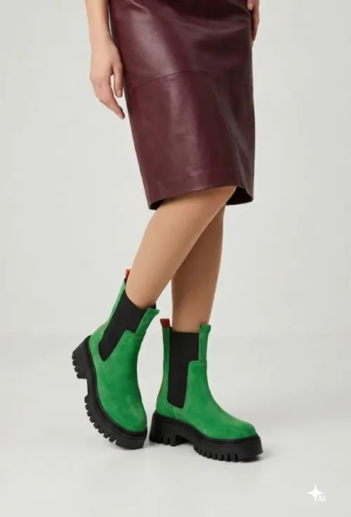 Botine dama verzi din piele intoarsa cu elastic negru picture - 2