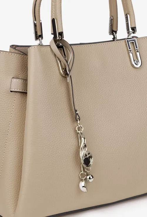 Geanta dama din piele texturata bej cu ornament picture - 6