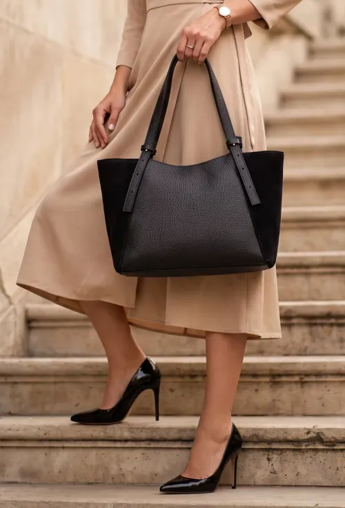 Geanta dama din piele texturata si intoarsa neagra picture - 2