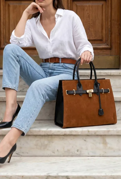 Geanta dama maro cu negru din piele cu accesoriu lacat picture - 2